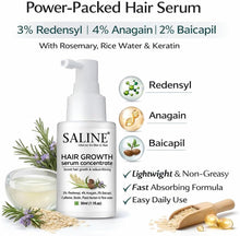 Hair growth serum bottle with pump, rosemary and ingredient icons on front design