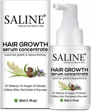 SALINE hair growth serum concentrate bottle with pump beside product label box, 30ml