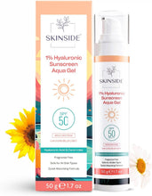 SkinSide 1% hyaluronic sunscreen aqua gel SPF 50 bottle and box, 50 g