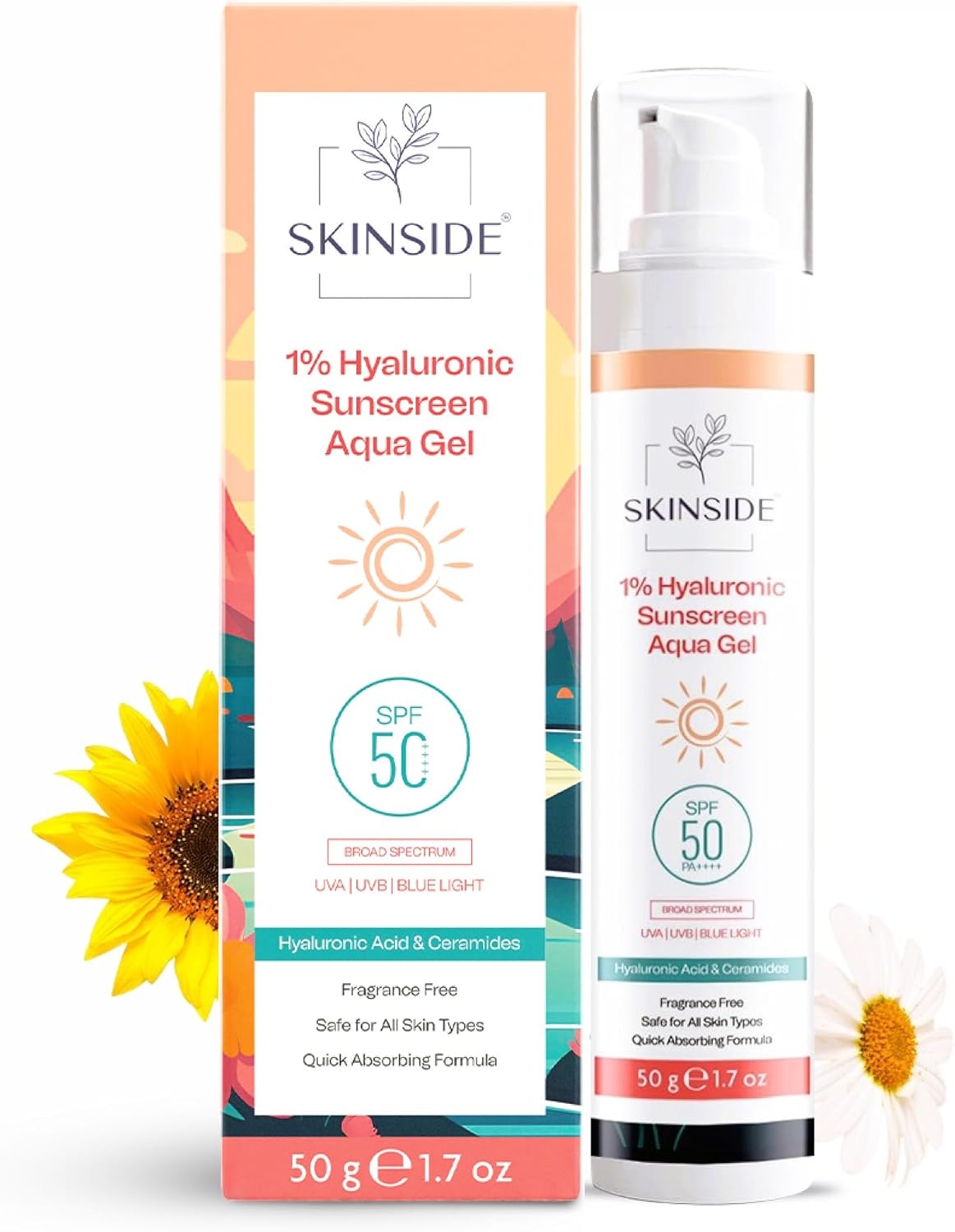Hyaluronic sunscreen aqua gel SPF 50 with pump bottle and box