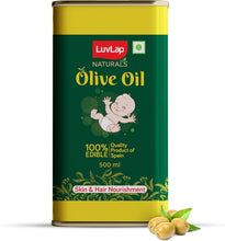 LuvLap Naturals Olive Oil bottle can, green label with gold cap and olive pieces