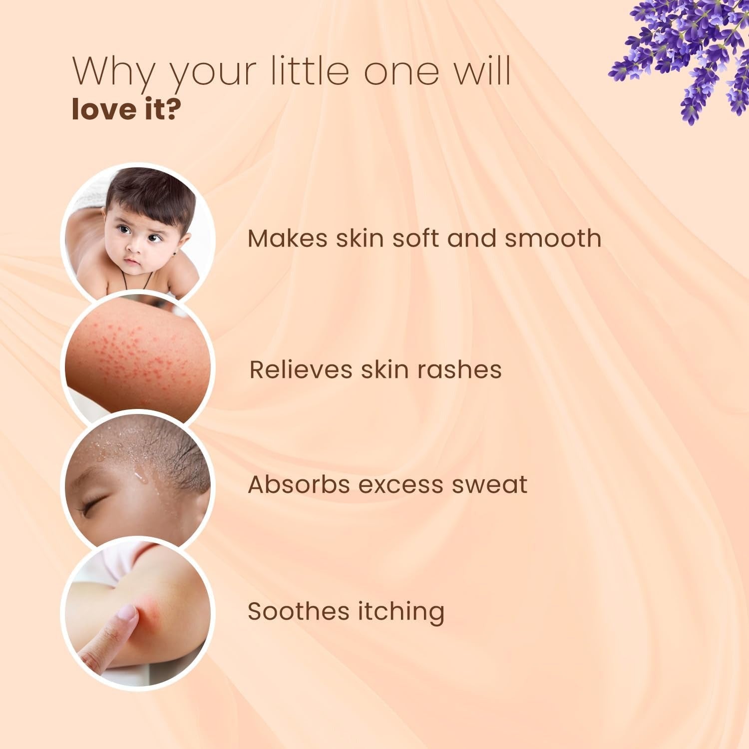 Baby powder bottle with circular skin-solution icons and child portraits