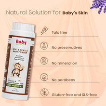 Baby powder bottle with talc-free and preservative-free claim icons