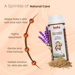 Soft and gentle baby powder bottle with beige powder shown