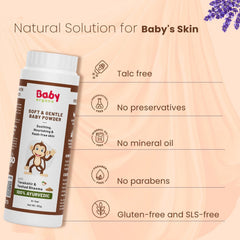 Baby powder bottle with talc-free and preservative-free claim icons