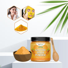 Kasturi haldi powder jar with wooden spoon and turmeric powder serving