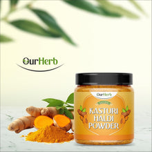 Kasturi haldi powder jar with turmeric powder and ginger-like roots