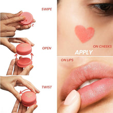 Lip and cheek tint application: twist-open compact and swipe onto lips