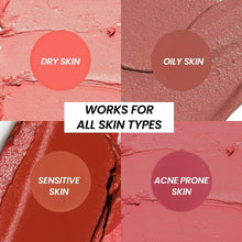Pink lip and cheek tint swatch on skin, textured smear