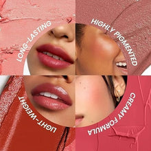 Pink lip and cheek tint on lips and cheeks with glossy finish