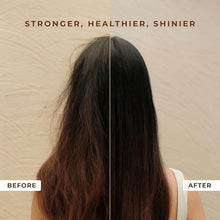Split view of dark hair showing dry frizzy side and smoother shiny side