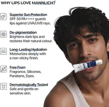 Mannlich lip balm tube on model with feature icons and text
