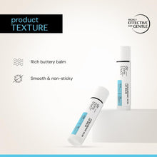 White lip balm tube with blue label; rich, smooth, non-sticky balm texture