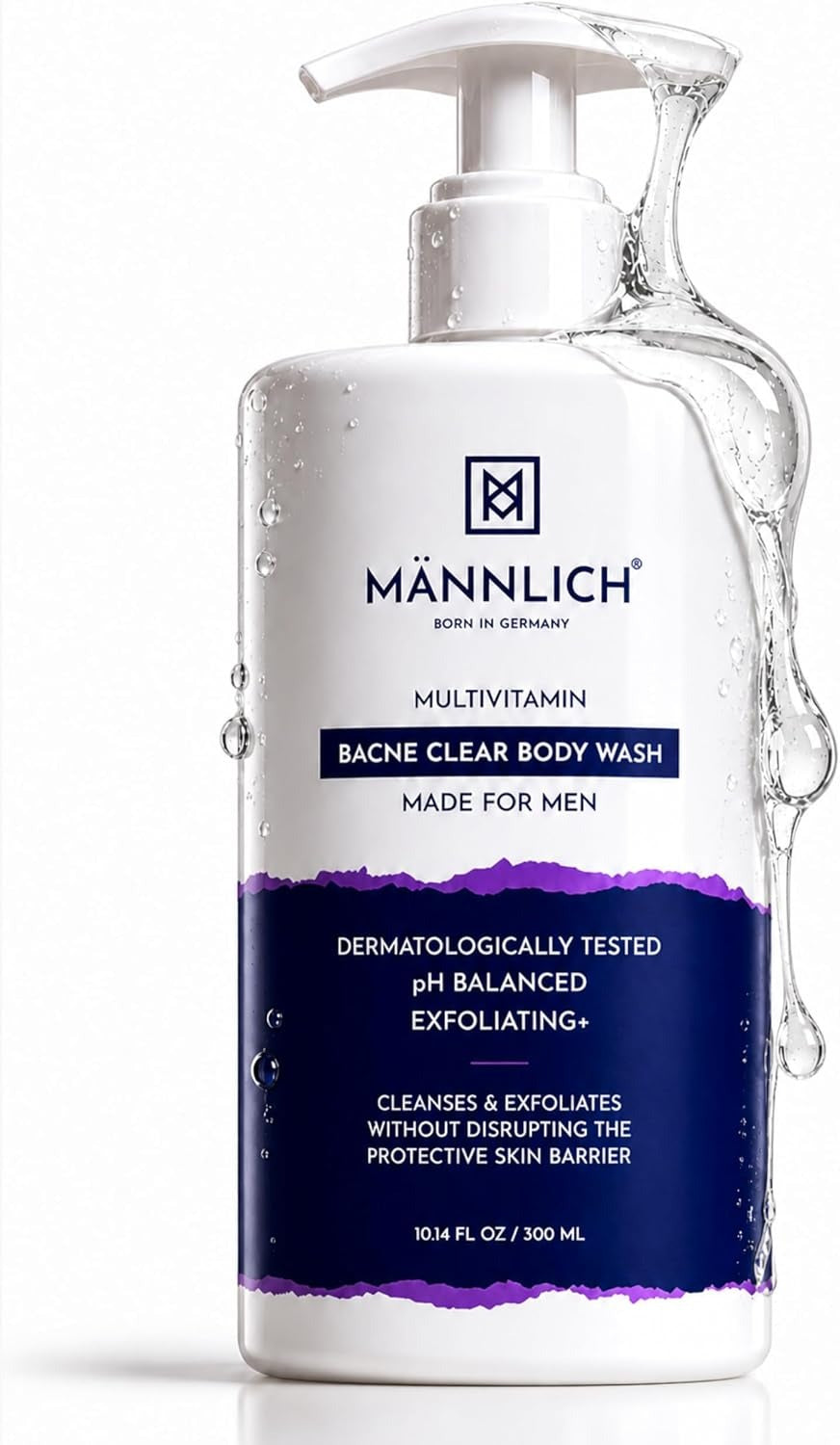 Mannlich 2% Salicylic Acid Body Acne Wash for Men – 3% Niacinamide Bacne Clear Body Wash & Shower Gel, Exfoliating & Nourishing Formula, All Skin Types, 300 ml