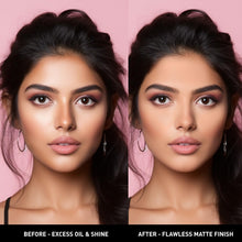 Before-and-after matte makeup finish on model face, reduced oil shine