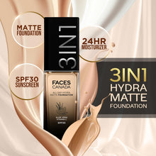 Matte foundation bottle with SPF30 screencream text and 3-in-1 hydrate-matte labeling