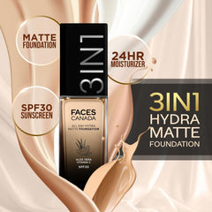 FACES CANADA All Day Hydra Matte Foundation Cream – 3-in-1 Foundation, Moisturizer & SPF 30, Aloe Hydration & Vitamin C, 10-Hour Long Wear, Medium to High Buildable Coverage, Warm Natural 021, 25 ml