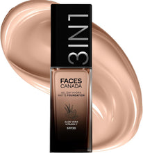 Matte foundation bottle in warm natural 021 with large beige cream swatch and SPF30