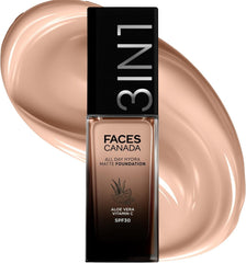 FACES CANADA All Day Hydra Matte Foundation Cream – 3-in-1 Foundation, Moisturizer & SPF 30, Aloe Hydration & Vitamin C, 10-Hour Long Wear, Medium to High Buildable Coverage, Warm Natural 021, 25 ml