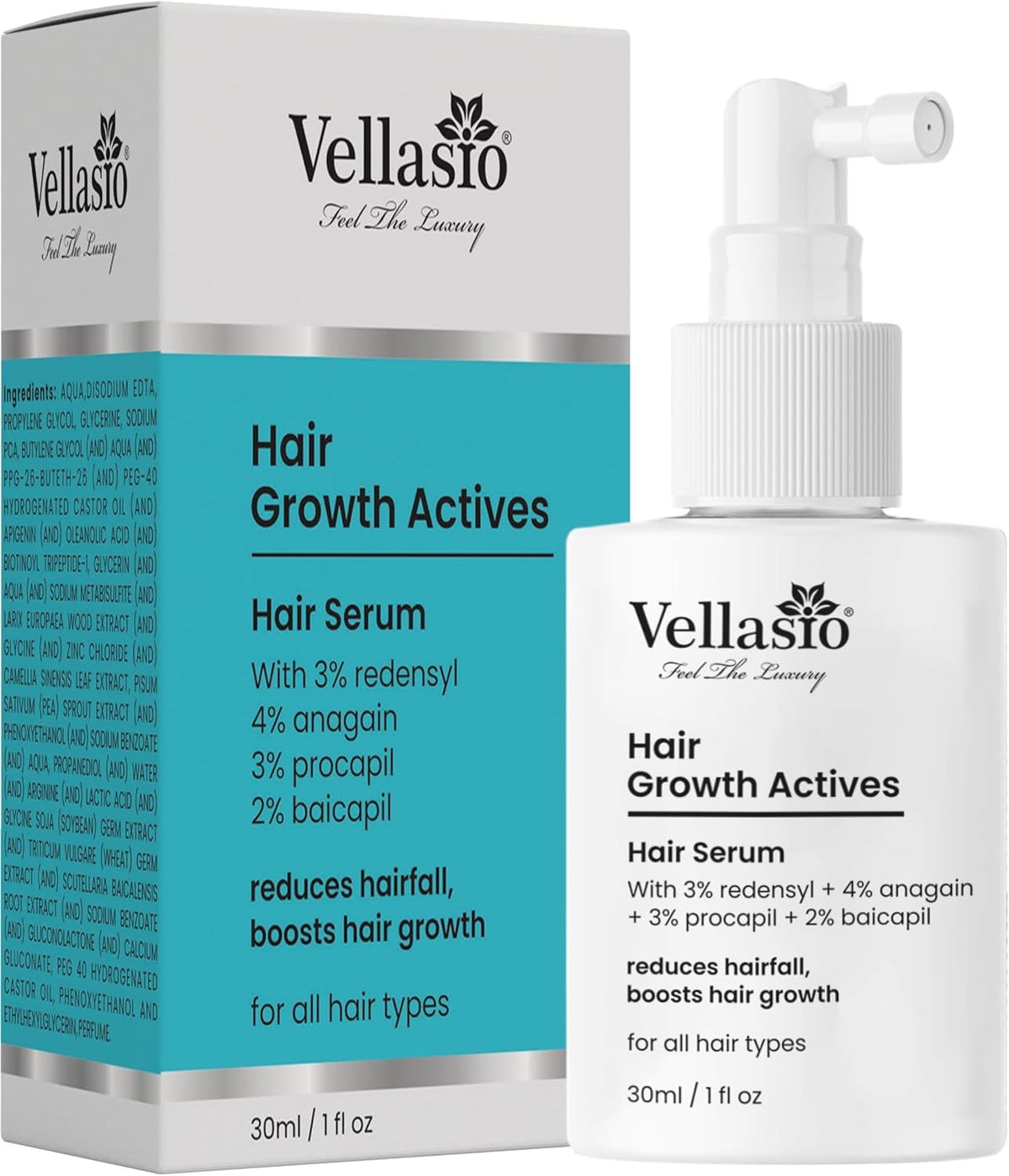VELLASIO Hair Growth Serum – 3% Redensyl, 4% Anagain, 3% Procaoil & 2% Baicapil – Hair Fall Care Serum for Thicker & Stronger-Looking Hair, For Men & Women, 110 g