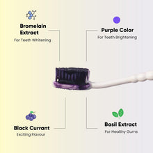 Toothbrush with purple gel and serum ingredient callouts: bromelain, basil, black currant