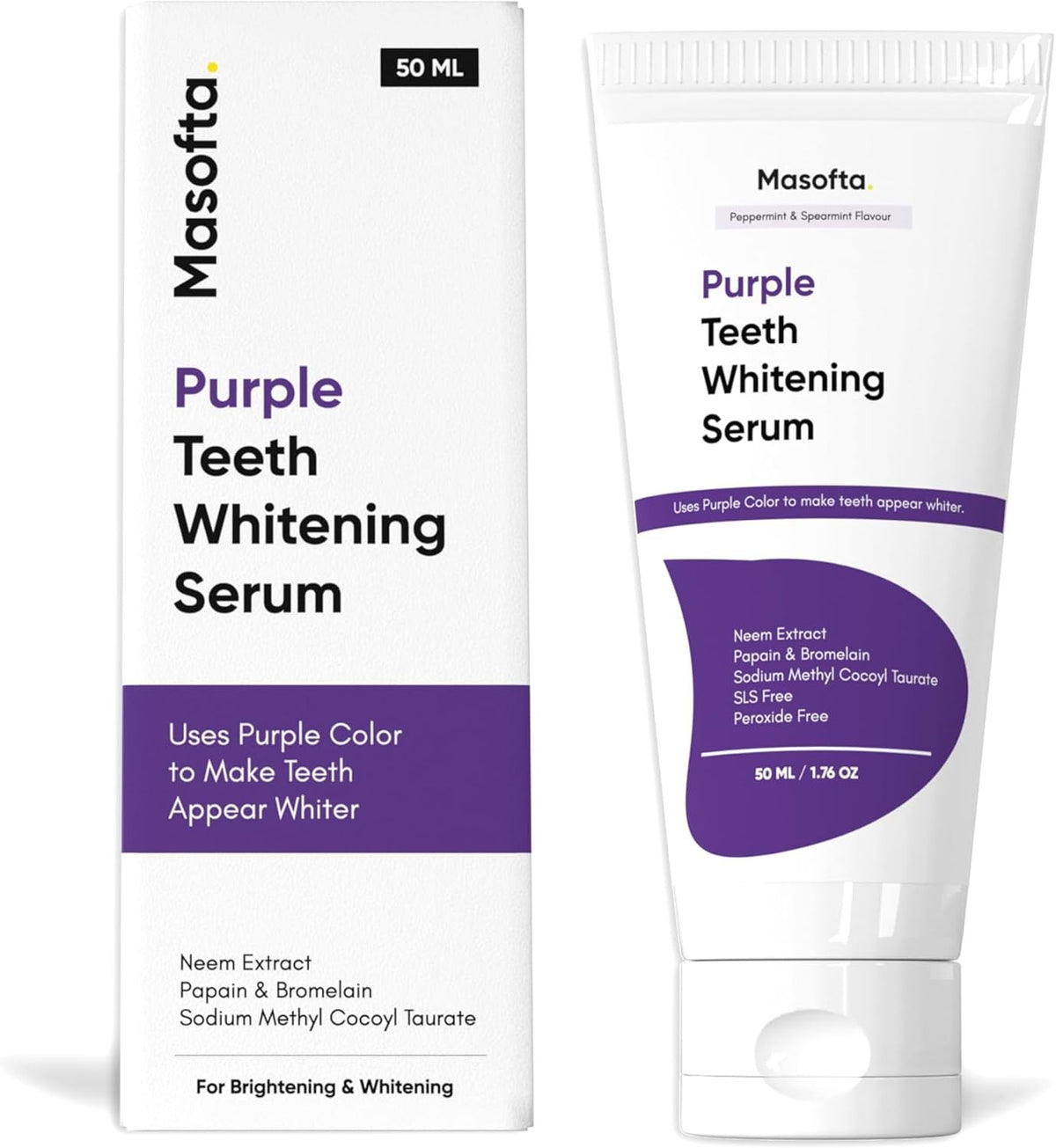 Masofta Purple Teeth Whitening Serum with Bromelain & Papain – Purple Tooth Whitening Serum for Yellow & Dark Stains, For Men & Women, 50 ml