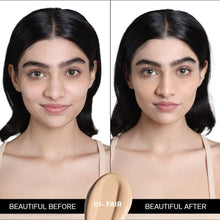Fair shade liquid foundation on face with smooth even coverage, before and after