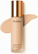 FLiCKA liquid foundation bottle with fair beige swatch, gold cap
