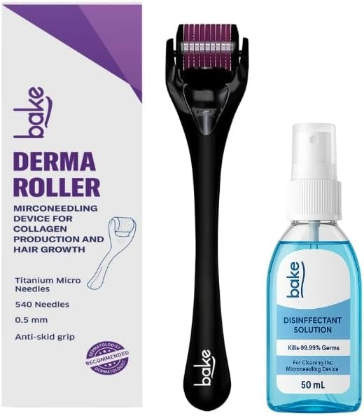 BAKE Derma Roller 0.5 mm – 540 Titanium Alloy Needles for Face, Hair & Beard Care, Microneedling Roller