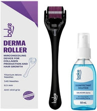 Derma roller with black handle, purple needle cartridges, and 50 ml disinfectant spray