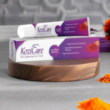 Kozicare skin lightening face cream boxes on a wooden stand with purple saffron design