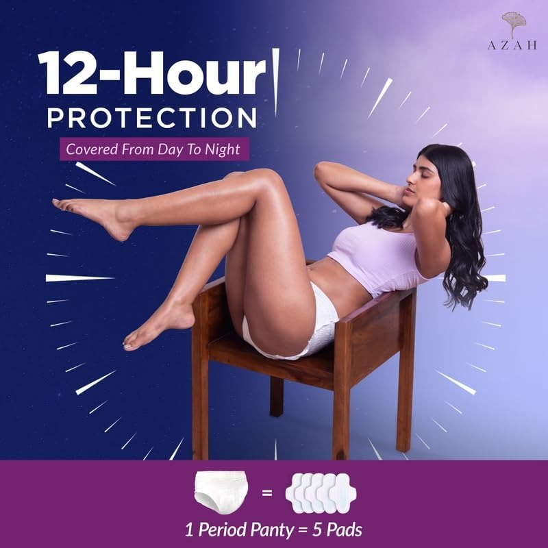 White disposable period panties worn by model, with product pack shown