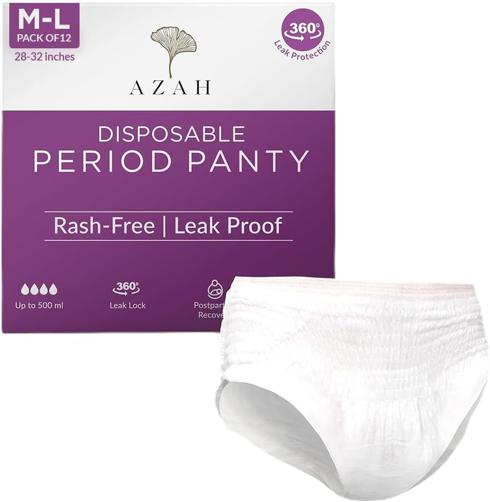 White disposable period panty with elastic leg openings, next to M-L pack box