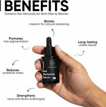 Hair darkening serum 30 ml dropper bottle held in hand