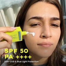 Woman applying Hyphen ultra light water sunscreen SPF 50 PA++++ with white cream
