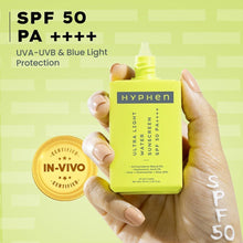 Hyphen ultra light water sunscreen SPF 50 PA++++ in hand, yellow bottle