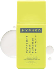 Hyphen ultra light water sunscreen SPF 50 PA++++ yellow squeeze bottle, front view