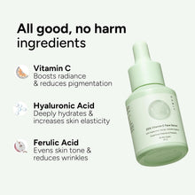 Vitamin C face serum bottle with ingredient benefit icons for hyaluronic and ferulic acid