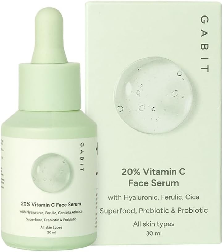Gabit 20% Vitamin C Face Serum with Hyaluronic Acid, Ferulic Acid, Cica & Prebiotic/Probiotic – Brightening & Dark Spot Care – 30ml