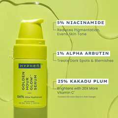 Hyphen Golden Hour Glow face serum bottle with 5% niacinamide and 1% alpha arbutin