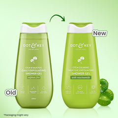 Two green daily exfoliating shower gel bottles with white caps, 250 ml each
