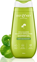 Green shower gel bottle with white cap, 250 ml; cica and salicylic acid formula