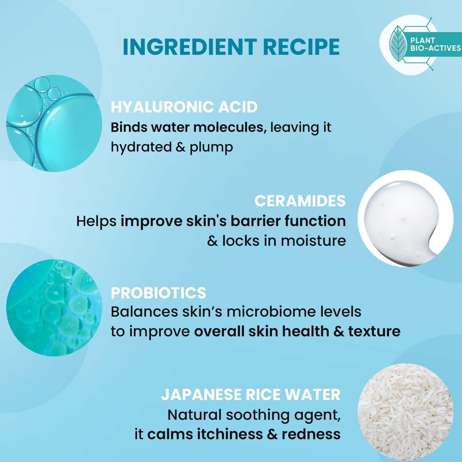 Shower gel ingredient callouts: hyaluronic acid, ceramides, probiotics