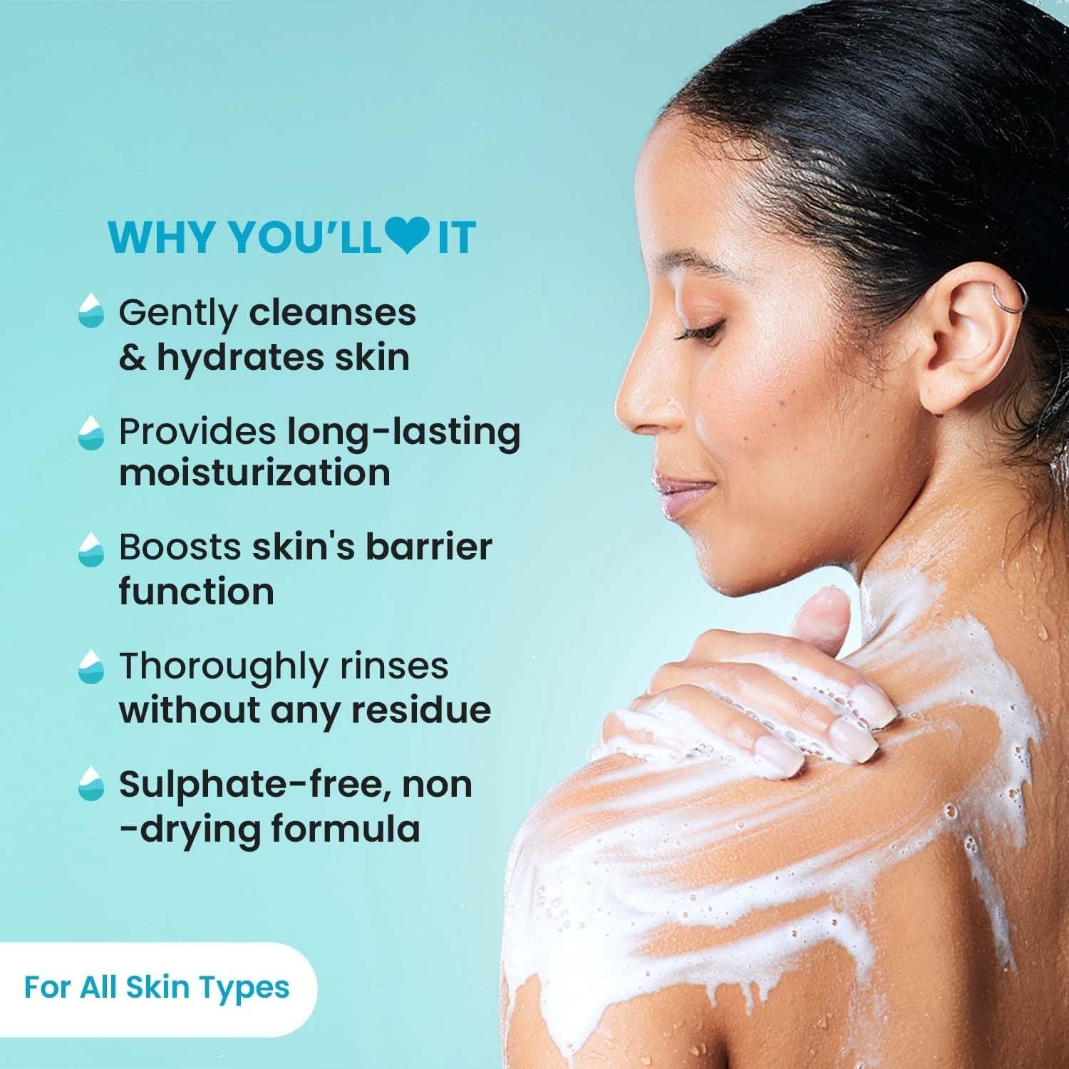 Shower gel foam on skin during shower use; lather on shoulder