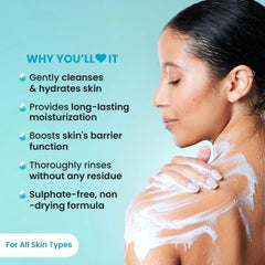 Shower gel foam on skin during shower use; lather on shoulder