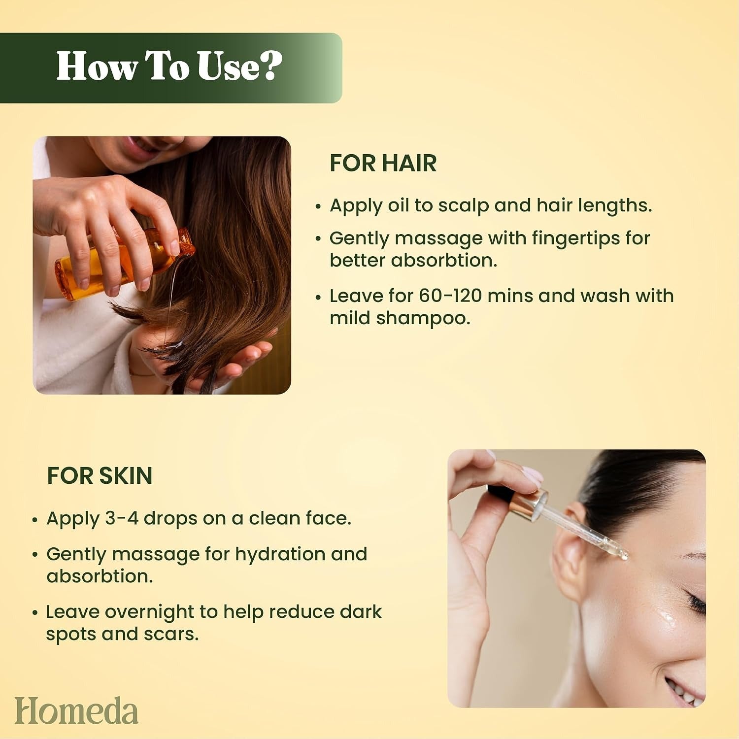Cold-pressed castor oil usage for hair and skin, with dropper and hands.