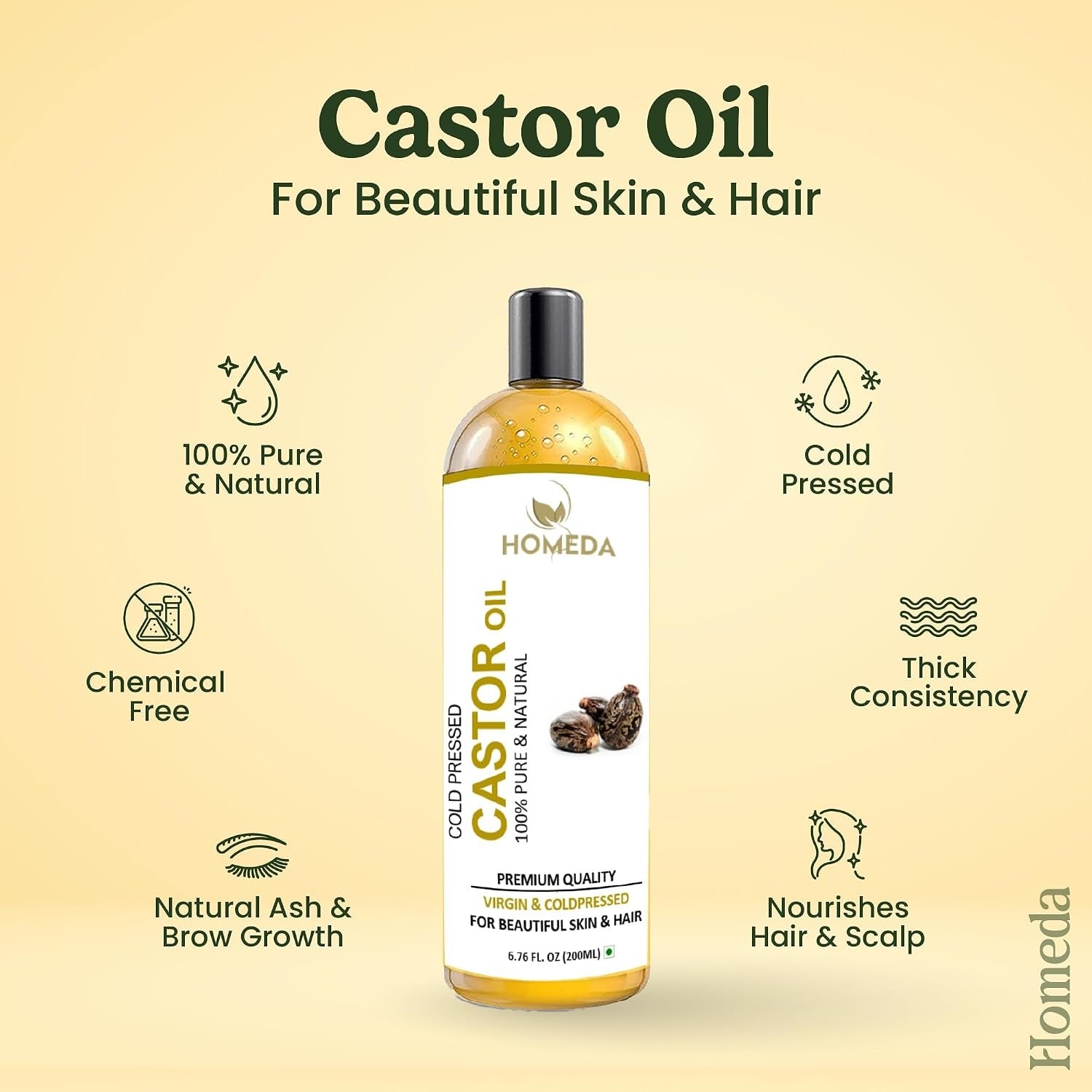 Homeda cold-pressed castor oil bottle for skin and hair, shown upright.