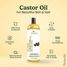 Homeda cold-pressed castor oil bottle for skin and hair, shown upright.