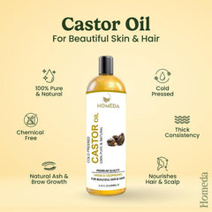 Homeda cold-pressed castor oil bottle for skin and hair, shown upright.