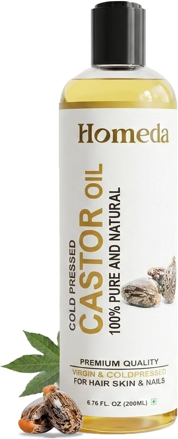 Homeda cold-pressed castor oil bottle with amber liquid, 200 ml.